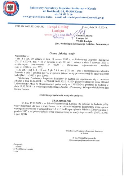 Ocena jakości wody z dnia 23.12.2024 r.