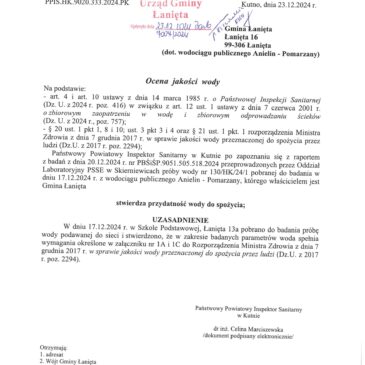 Ocena jakości wody z dnia 23.12.2024 r.