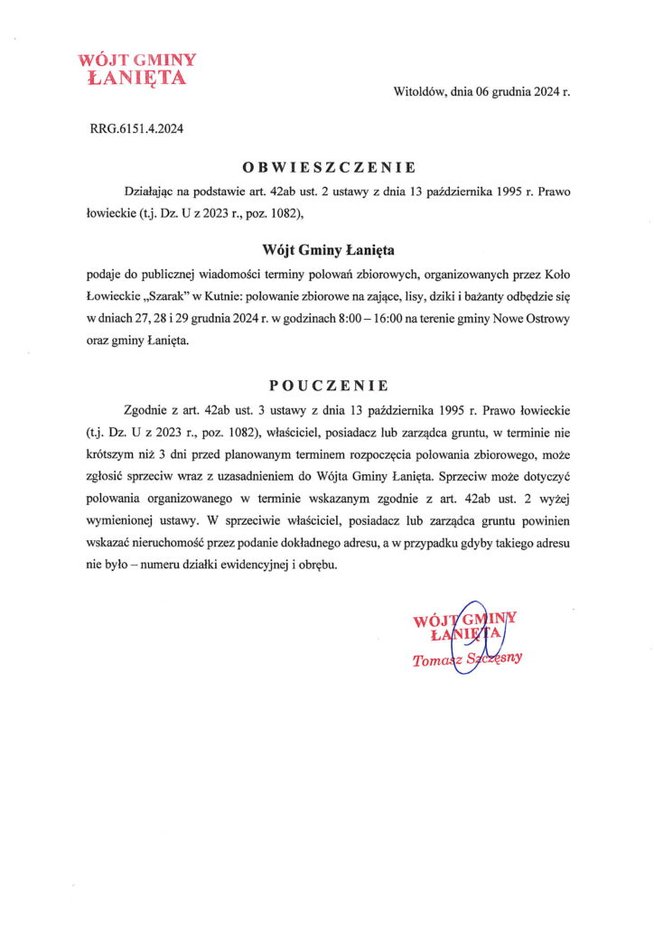 Obwieszczenie- polowanie zbiorowe