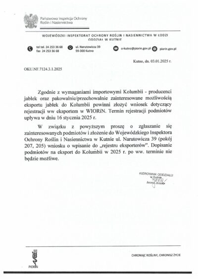 Możliwość eksportu jabłek do Kolumbii.