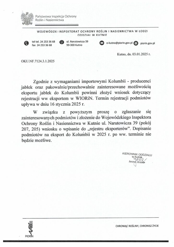 Możliwość eksportu jabłek do Kolumbii.