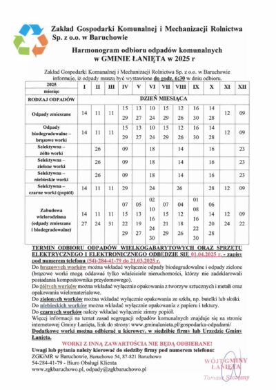 HARMONOGRAM ODBIORU ODPADÓW KOMUNALNYCH W GMINIE ŁANIĘTA W 2025 R
