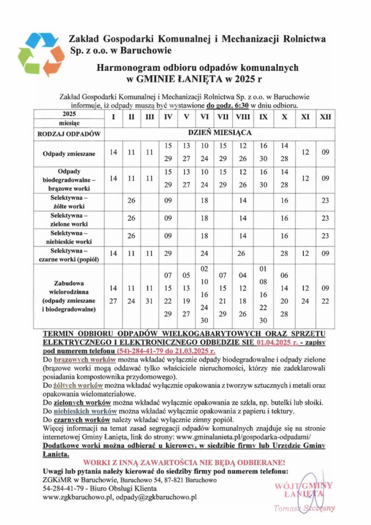 HARMONOGRAM ODBIORU ODPADÓW KOMUNALNYCH W GMINIE ŁANIĘTA W 2025 R