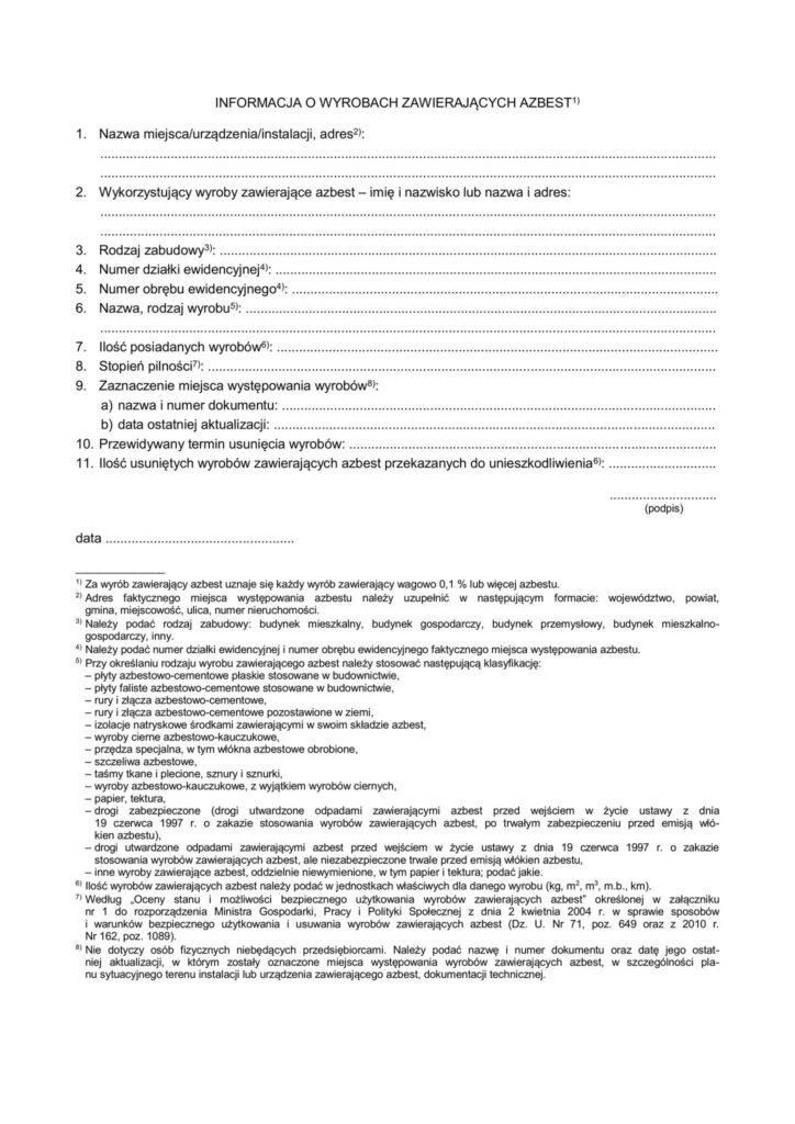 Informacji o wyrobach zawierających azbest