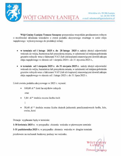 Zwrot podatku akcyzowego zawartego w cenie oleju napędowego wykorzystywanego do produkcji rolnej