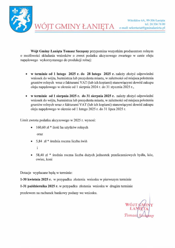 Zwrot podatku akcyzowego zawartego w cenie oleju napędowego wykorzystywanego do produkcji rolnej