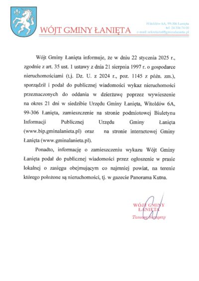 Wykaz działek przeznaczonych do oddania w dzierżawę