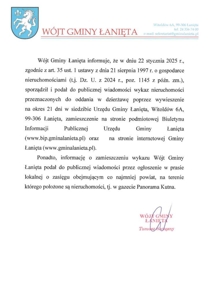 Wykaz działek przeznaczonych do oddania w dzierżawę 