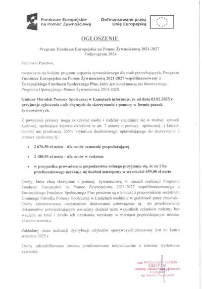 Ogłoszenie o pomocy w formie paczek żywnościowych z Banku Żywności - Podprogram 2024.