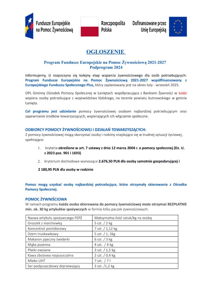 Ogłoszenie o pomocy w formie paczek żywnościowych z Banku Żywności - Podprogram 2024.