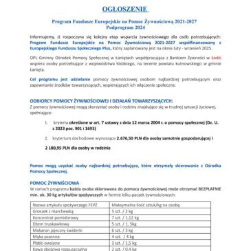 Ogłoszenie o pomocy w formie paczek żywnościowych z Banku Żywności – Podprogram 2024.