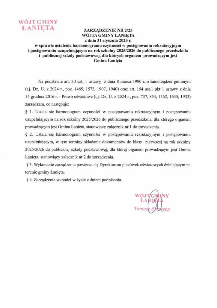 Harmonogram czynności w postępowaniu rekrutacyjnym i postępowaniu uzupełniającym na rok szkolny 2025/2026 do publicznego przedszkola i publicznej szkoły podstawowej, dla których organem prowadzącym jest Gmina Łanięta