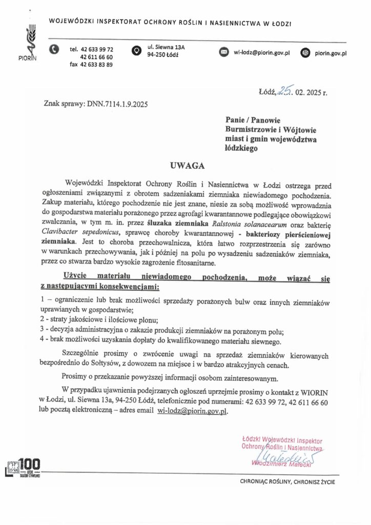 Uwaga na sadzeniaki ziemniaka niewiadomego pochodzenia!