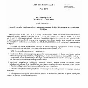 Rozporządzenie w sprawie szczepień ptaków przeciwko rzekomemu pomorowi drobiu (ND) na obszarze województwa łódzkiego.