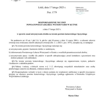 Rozporządzenie Powiatowego Lekarza Weterynarii w Kutnie z dnia 17 lutego 2025 r. NADAL JEST AKTUALNE.