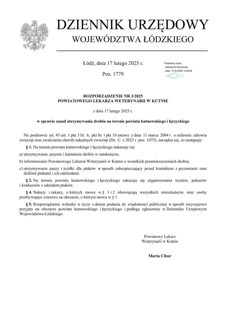 Rozporządzenie Powiatowego Lekarza Weterynarii w Kutnie z dnia 17 lutego 2025 r. NADAL JEST AKTUALNE.
