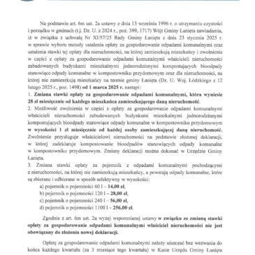 KOMUNIKAT DOTYCZĄCY ZMIANY STAWKI OPŁATY ZA GOSPODAROWANIE ODPADAMI KOMUNALNYMI