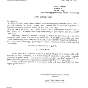 Ocena jakości wody z dnia 25.03.2025 r.