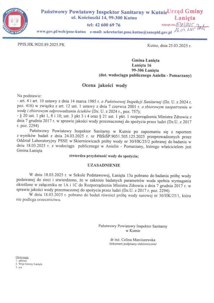 Ocena jakości wody z dnia 25.03.2025 r.