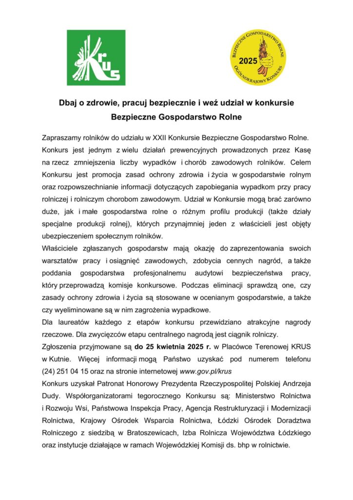 XXII Ogólnokrajowy Konkurs "BEZPIECZNE GOSPODARSTWO ROLNE