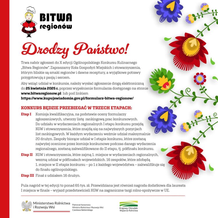 Przypominamy, iż trwa nabór zgłoszeń do X edycji Ogólnopolskiego Konkursu Kulinarnego „Bitwa Regionów”
