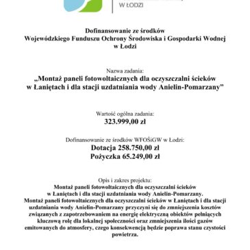 Montaż paneli fotowoltaicznych dla oczyszczalni ścieków w Łaniętach i dla stacji uzdatniania wody Anielin – Pomarzany