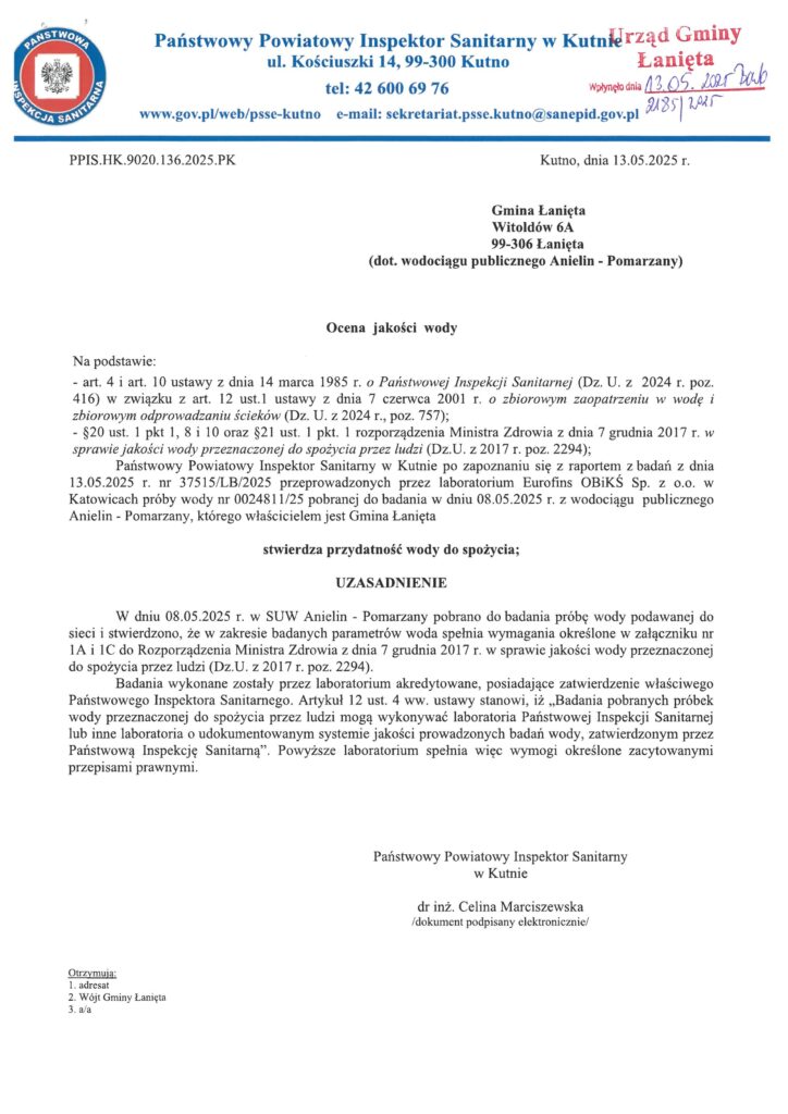 Ocena jakości wody z dnia 13.05.2025 r.