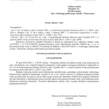 Ocena jakości wody z dnia 13.05.2025 r.