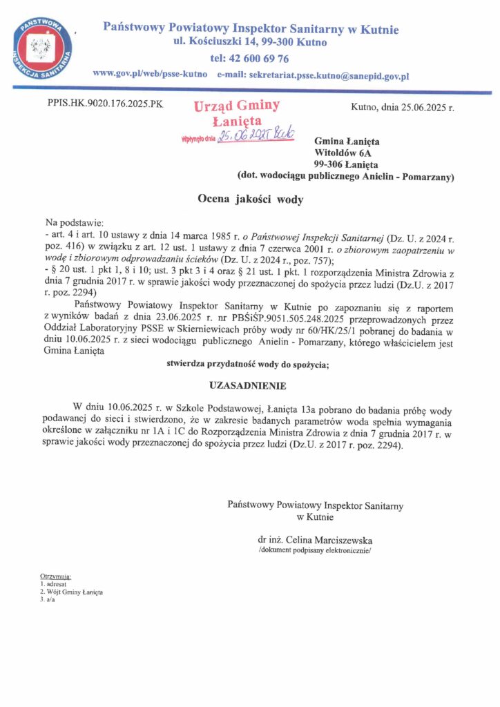 Ocena jakości wody z dnia 25.06.2025 r.