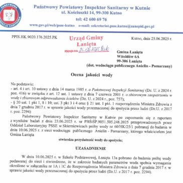 Ocena jakości wody z dnia 25.06.2025 r.