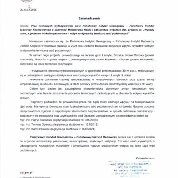 Państwowy Instytut Geologiczny – Państwowy Instytut Badawczy realizuje zadanie badawcze dotyczące wpływu wysadów solnych na dynamikę termiczną wód podziemnych.