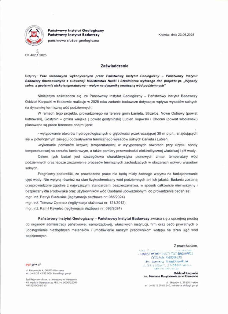 Państwowy Instytut Geologiczny - Państwowy Instytut Badawczy realizuje zadanie badawcze dotyczące wpływu wysadów solnych na dynamikę termiczną wód podziemnych.