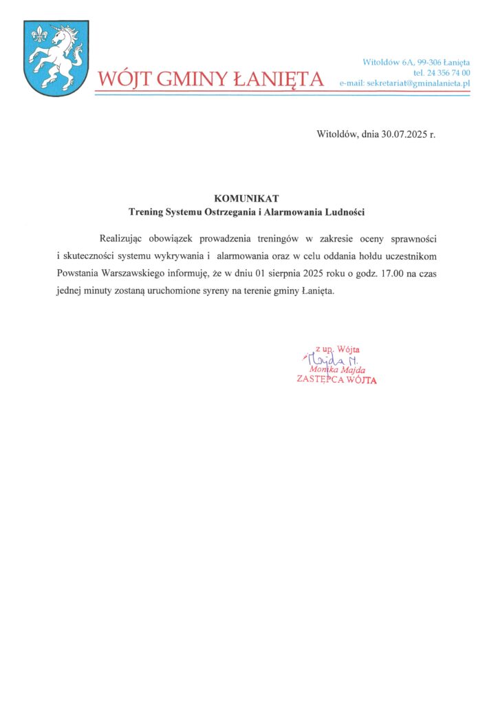 Komunikat- Trening Systemu Ostrzegania i Alarmowania Ludności