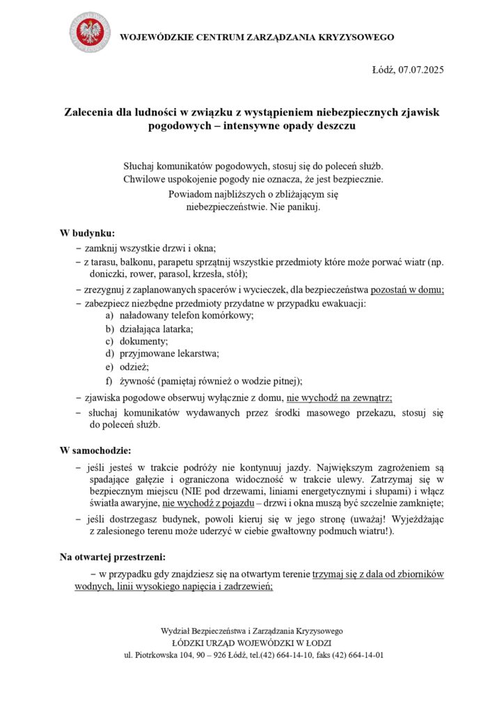 Zalecenia dla ludności w związku z wystąpieniem niebezpiecznych zjawisk pogodowych – intensywne opady deszczu.