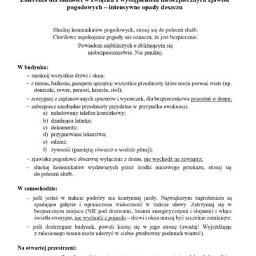 Zalecenia dla ludności w związku z wystąpieniem niebezpiecznych zjawisk pogodowych – intensywne opady deszczu.