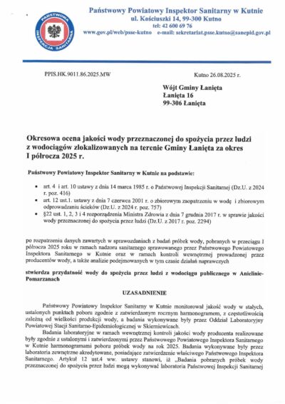 Okresowa ocena jakości wody przeznaczonej do spożycia przez ludzi z wodociągów zlokalizowanych na terenie Gminy Łanięta za okres I półrocza 2025 r.