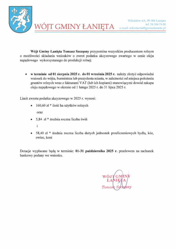 Zwrot podatku akcyzowego zawartego w cenie oleju napędowego wykorzystywanego do produkcji rolnej