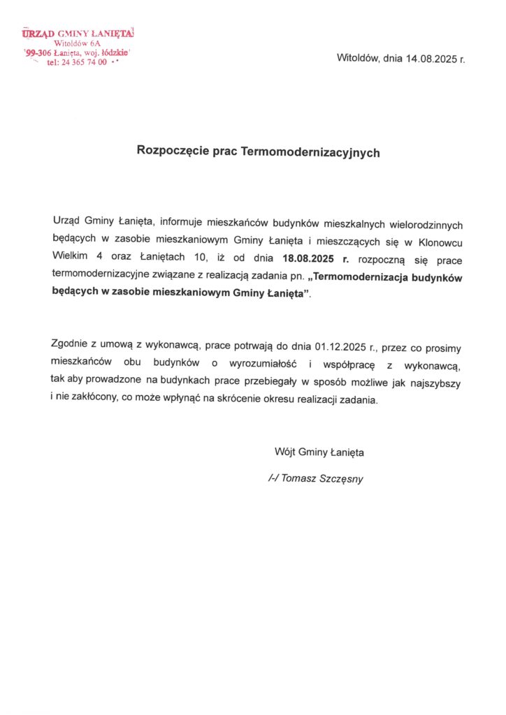 Uwaga mieszkańcy budynków Klonowiec Wielki 4 oraz Łanięta 10!