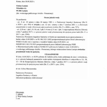Ocena jakości wody z dnia 30.09.2025 r.