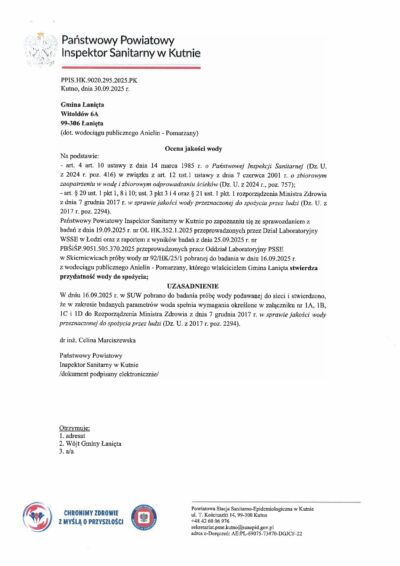 Ocena jakości wody z dnia 30.09.2025 r.