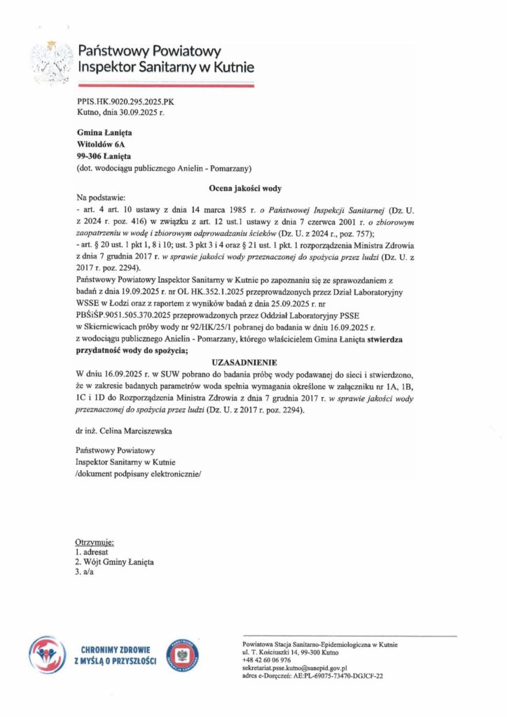 Ocena jakości wody z dnia 30.09.2025 r.