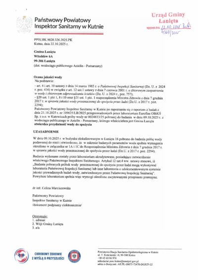 Ocena jakości wody - wodociąg Anielin - Pomarzany