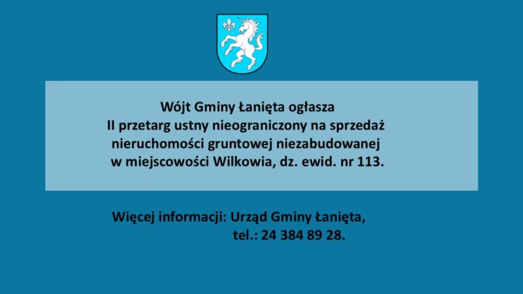 II przetarg ustny nieograniczony na sprzedaż nieruchomości gruntowej niezabudowanej w miejscowości Wilkowia dz. nr 113