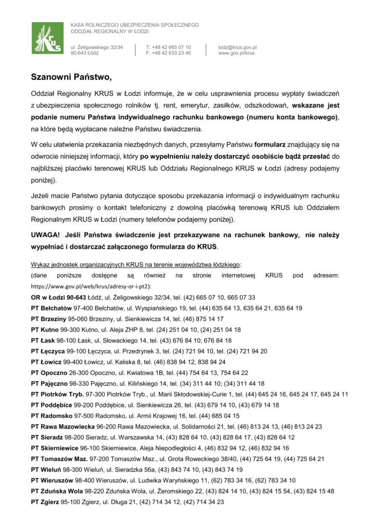 Kasa Rolniczego Ubezpieczenia Społecznego prowadzi obecnie kampanię informacyjną, której celem jest zachęcenie świadczeniobiorców Kasy i ich rodzin do odbierania świadczeń na rachunek bankowy, zamiast w formie gotówkowej.