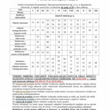 HARMONOGRAM ODBIORU ODPADÓW KOMUNALNYCH W GMINIE ŁANIĘTA W 2026 R.