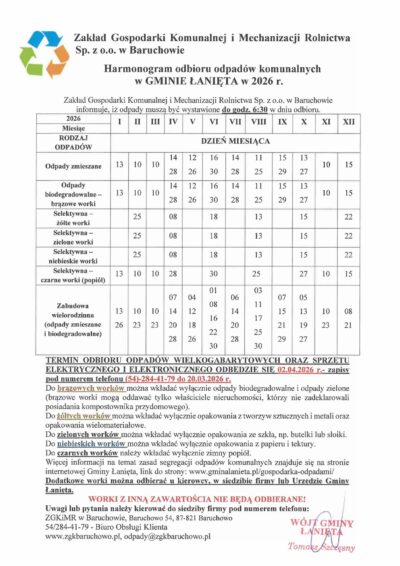 HARMONOGRAM ODBIORU ODPADÓW KOMUNALNYCH W GMINIE ŁANIĘTA W 2026 R.