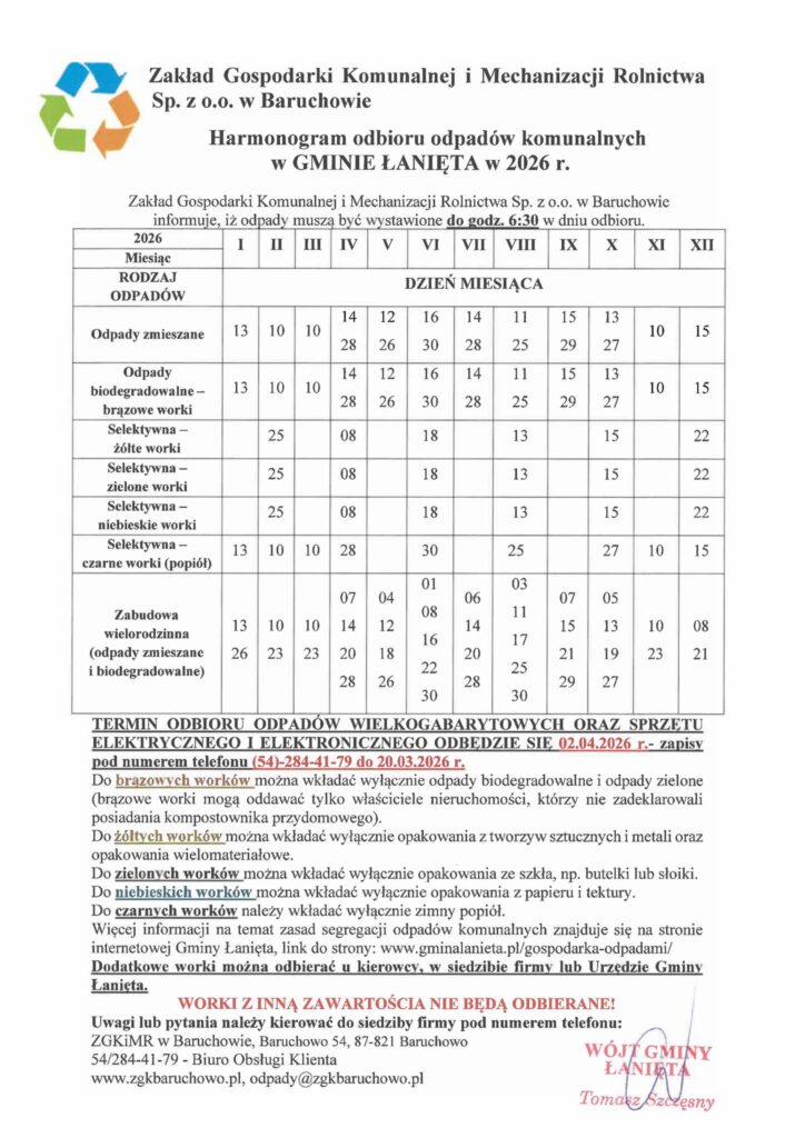 HARMONOGRAM ODBIORU ODPADÓW KOMUNALNYCH W GMINIE ŁANIĘTA W 2026 R.