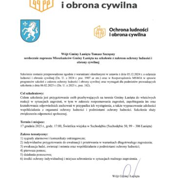 Wójt Gminy Łanięta Tomasz Szczęsnyserdecznie zaprasza Mieszkańców Gminy Łanięta na szkolenie z zakresu ochrony ludności i obrony cywilnej