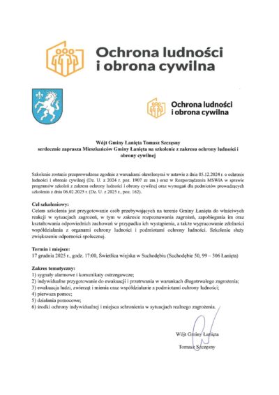 Wójt Gminy Łanięta Tomasz Szczęsny serdecznie zaprasza Mieszkańców Gminy Łanięta na szkolenie z zakresu ochrony ludności i obrony cywilnej