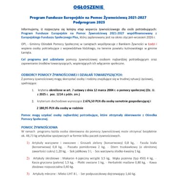OGŁOSZENIE! Rozpoczyna się kolejny etap wsparcia żywnościowego dla osób potrzebujących.